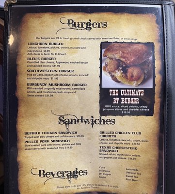B T Longhorn Saloon menu 2