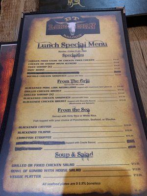 B T Longhorn Saloon menu 1